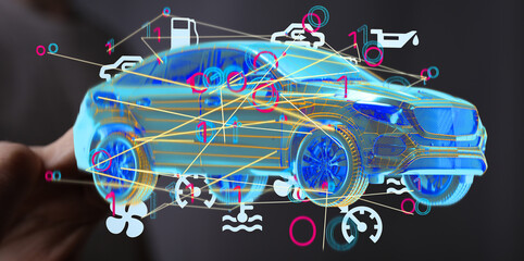 Innovative car diagnostics technology.  3D model visualizing key vehicle data & performance metrics.