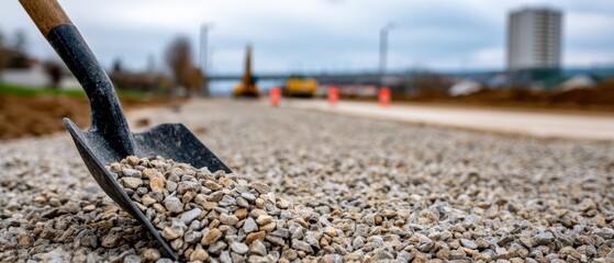 Fototapeta premium Closeup of shovel filled with gravel at outdoor construction site, roadwork project with heavy machinery and safety cones Concept of infrastructure, development, and industry