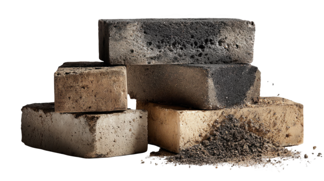 Stack of lunar regolith bricks exhibiting varying colors and textures, suggesting potential building materials for lunar construction, isolated on a transparent background