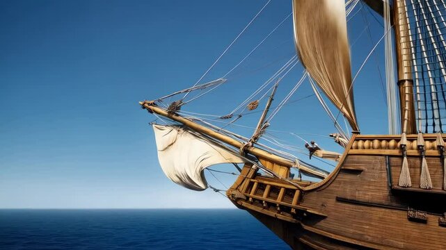 Sailing ship navigates clear blue ocean, bowsprit and white sails visible with green island backdrop under sunny summer sky
