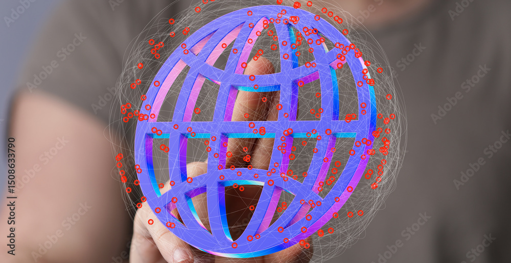 Poster Hand interacting with a digital globe, representing global network, data connection, and digital world.