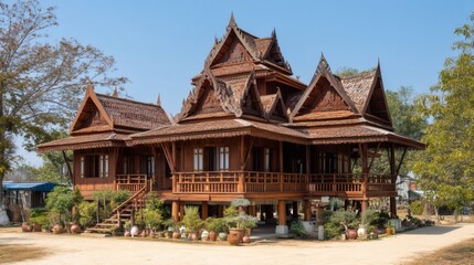 Obraz premium Traditional Thai Wooden House with Unique Architecture and Design
