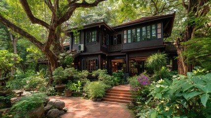 Charming Wooden House Surrounded by Lush Greenery and Vibrant Flora