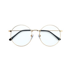 Stylish round eyeglasses with gold metal frame and clear lenses.