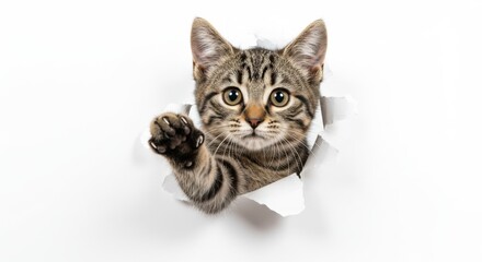 Obraz premium Cute tabby kitten isolated on white background peeking through a torn paper hole with its paw extended, looking curious and playful with its adorable face