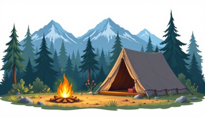 Camping scene in mountain forest with campfire and tent