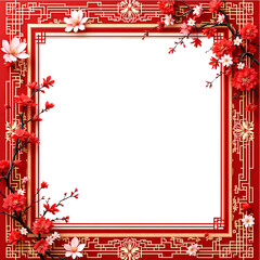 Obraz premium Elegant square frame with red and gold Chinese patterns and cherry blossoms.