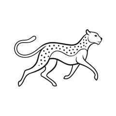 A graceful black and white outline illustration of a running cheetah with spots
