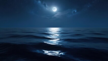 Moonlit Ocean at Night with Bioluminescent Glow – Aerial View