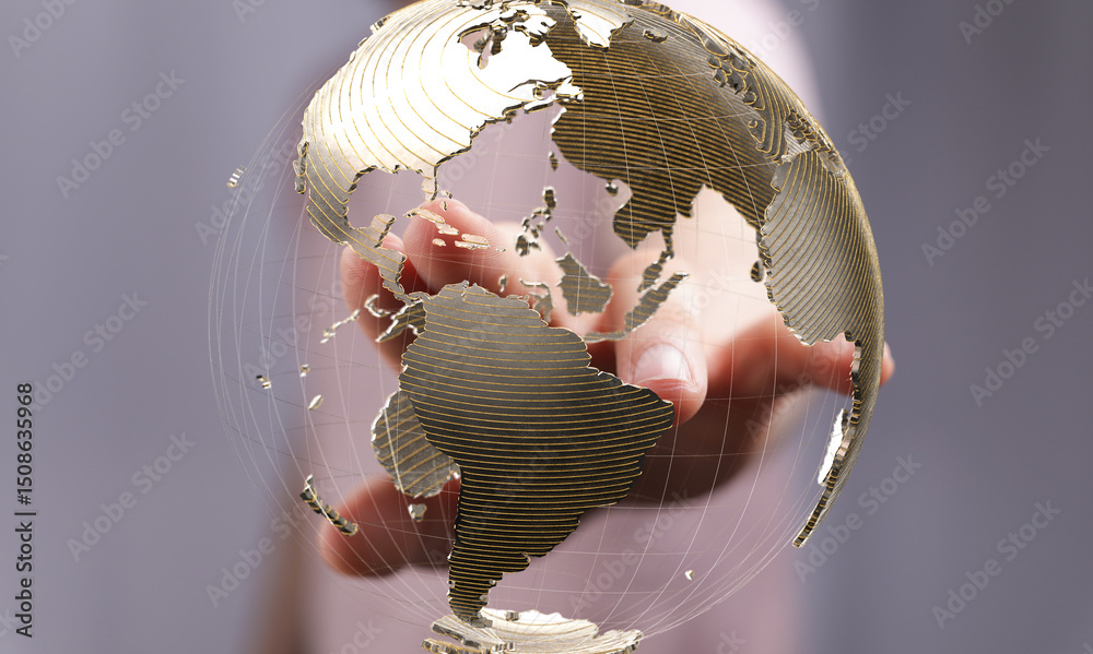 Fototapete Abstract image of a hand interacting with a digital globe, representing global networking and connection.