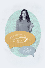 Artwork 3d poster art collage of happy girl guy stand bubble communication chatterbox speech...