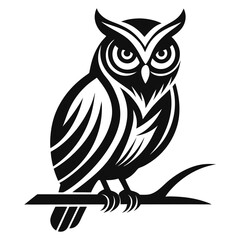 Wise Owl on Branch Black and White Silhouette Vector Illustration
