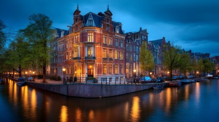 Fototapeta premium Charming Amsterdam Canal at Dusk with Illuminated Historic Buildings