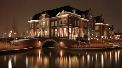 Obraz premium Elegant Historic Building Reflected in Calm Nighttime Water