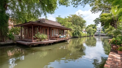 Fototapeta premium Peaceful Wooden House on Calm Waterway Surrounded by Lush Greenery