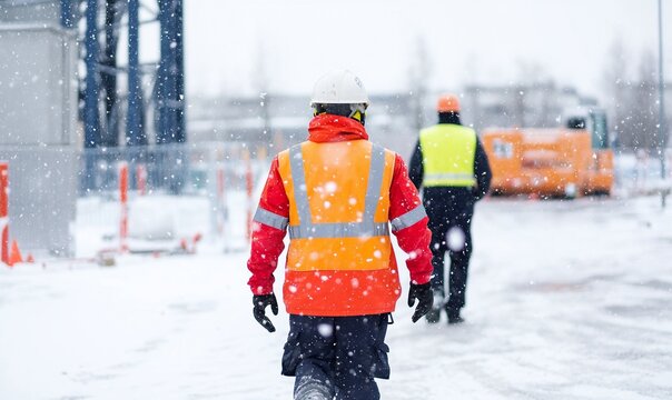 Construction workers in snowy weather