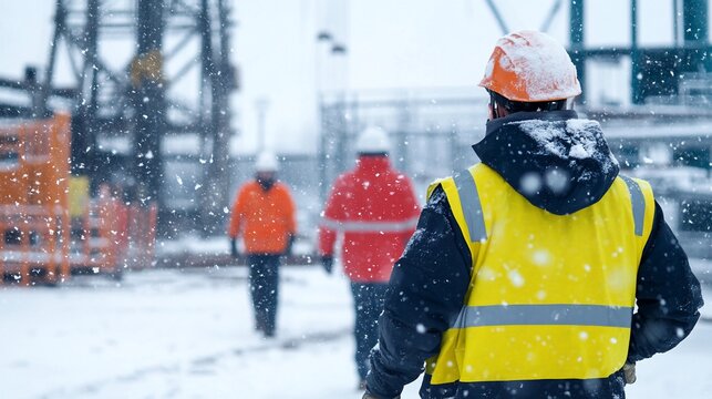 Workers in winter weather at an industrial site