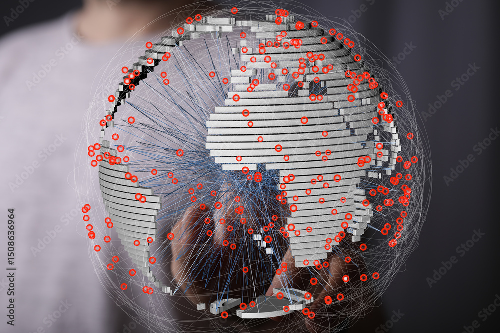 Poster visual representation of interconnected global data points and network infrastructure.