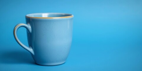 Obraz premium Close-up of a textured blue coffee cup on a matching blue background, flat lay, blue cup