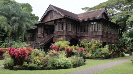 Traditional wooden house surrounded by lush tropical garden scenery