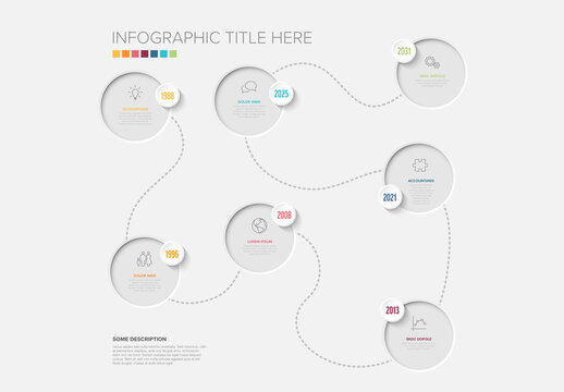 Timeline Infographic Diagram with Circles and Dotted Line Connections visualizes a process using circles