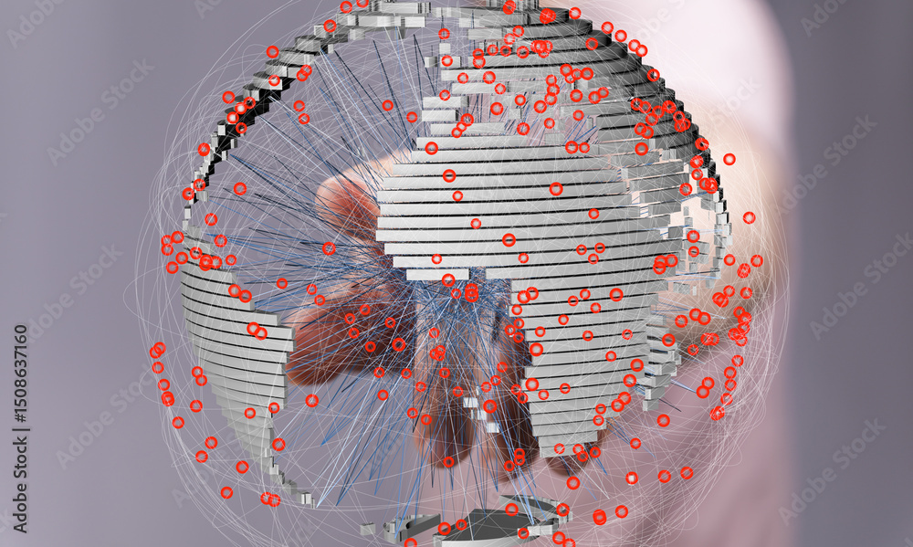 Poster Abstract image of a hand interacting with a digital globe, showcasing global network connections and data points.