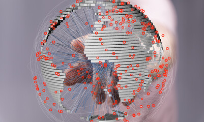 Abstract image of a hand interacting with a digital globe, showcasing global network connections...