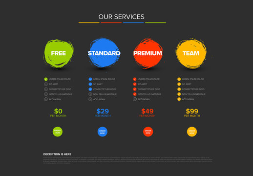 Vibrant Pricing Table with Colorful Plan Options on Dark Background