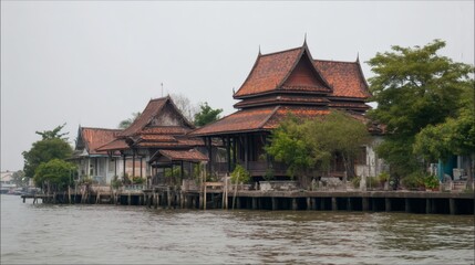 Fototapeta premium Traditional Wooden Houses by the River in Thailand's Scenic Landscape