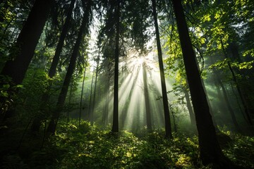 Obraz premium Sunlight streaming through tall trees in a dense forest nature photography serene environment mystic viewpoint capturing tranquility in gigapixel quality