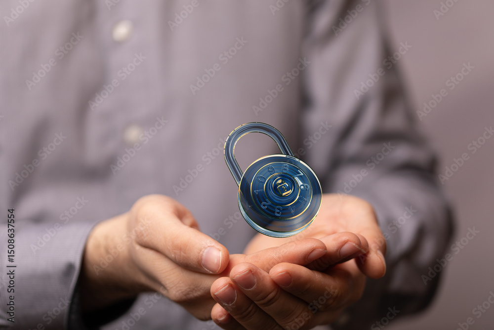 Poster image of hands holding a digital lock, symbolizing data security and online protection.