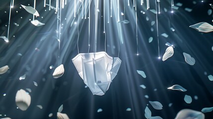 Weightless sheet mask package mockup suspended in midair softly illuminated by cascading beams of diffused cosmic light surrounded by drifting petals frozen in time