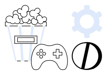Gaming controller next to popcorn bucket, loading bar, gear, and restriction sign. Ideal for entertainment, gaming, leisure, settings operational issues restrictions and user experience. Flat