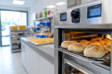 Commercial kitchen oven with freshly baked rolls
