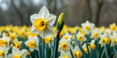 Obraz premium Field Of Yellow Daffodils With Focus On A New Bud Blooming. Bright Colors.
