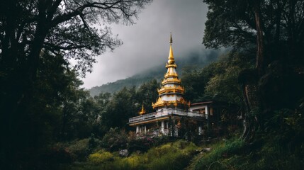 Serene Mountain Temple Surrounded by Lush Greenery and Mist