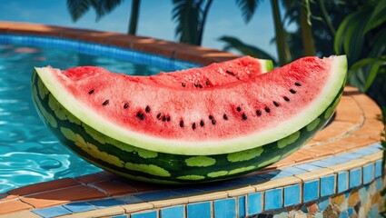Ate watermelon at the edge of a swimming pool, the summer fruit image.