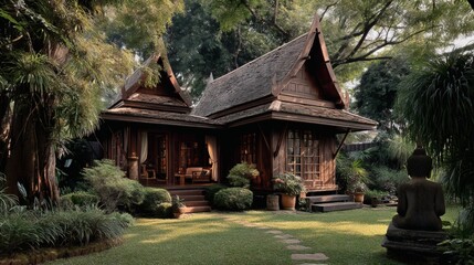 Obraz premium Tranquil Wooden House Surrounded by Lush Greenery and Serenity