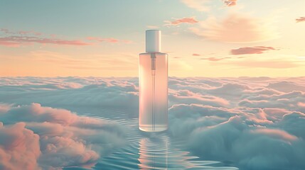 Weightless toner bottle mockup hovering over a sea of undulating cloud waves its reflection shimmering beneath soft pastel sunset hues in a dreamlike horizon
