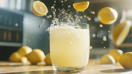 Refreshing lemonade splash with floating lemons in sunlit kitchen