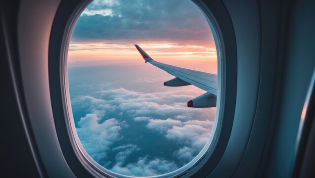 Fototapeta Airplane window and airplane wing view from the cabin during flight over clouds in the sky.
