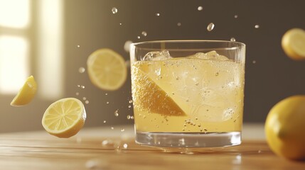 Refreshing lemonade splash with ice and lemon slices in glass