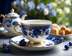 Fototapeta premium Blue floral teacup, saucer, teapot, and cookies on a table