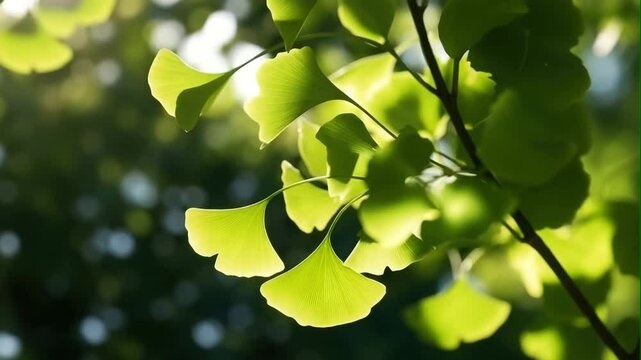 ginkgo leaves on branch with sunlight