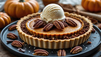 Chocolate Spiced Pumpkin Tart, Buttered Pecans, Salted Chocolate Crumb, Beurre Noisette Ice Cream with Empty Space for Text