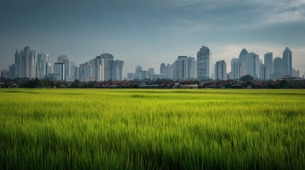 Fototapeta premium Urban Skyline Overlooking Lush Green Rice Field Landscape
