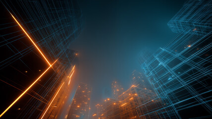 Dense geometric wireframe cityscape in night fog with glowing lines, sci-fi noir theme, long exposure photograph