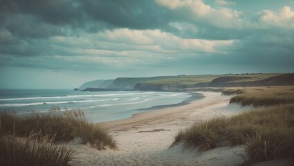 Vintage Style Beach Landscape with cliffs and sandy shoreline under cloudy sky. Coastal scenery and nature. Vintage beach scene.