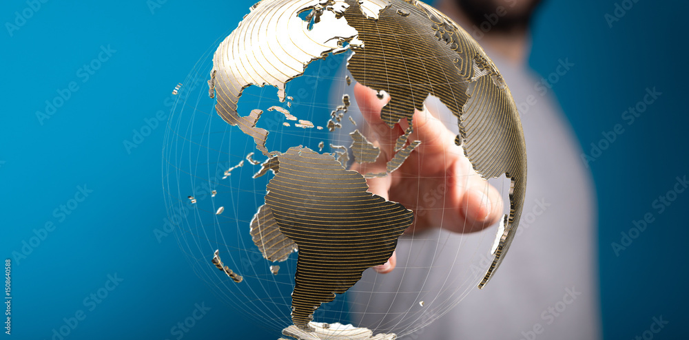 Fototapete Abstract image of a hand interacting with a digital globe, representing global connectivity and networking.