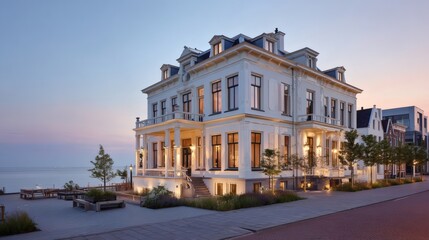Elegant waterfront mansion at twilight with modern architectural design